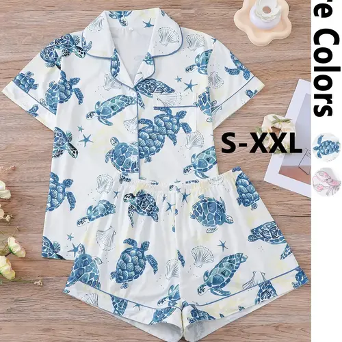 Women's All-Over Print Top & Elastic-Waist Shorts Pajama Set, Casual Comfy Short-Sleeve Top & Shorts, Ladies' Summer Sleepwear, Nightwear Sleepwear, Loungewear, Lounge Pajama Style, Pyjamas, Pjs, Sleep Pajamas Shorts, Cartoon Print Sleepwear