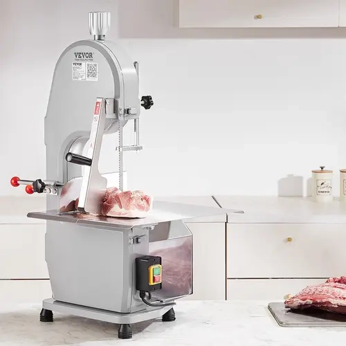 VEVOR Corded Commercial Electric Meat Bandsaw Slicer, 1500W Stable Alloy Steel Countertop Bone Sawing Machine, 19.3"x15" Workbench, 0.16-7.9" Accurate Cutting Thickness, 6-Blade Cutter with 1-Button Switch & Pusher Rod for Frozen Ribs, Pork, Beef
