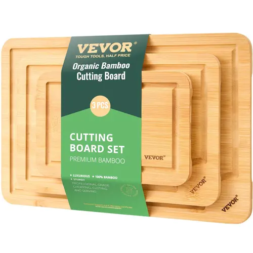 【Summerfinds】VEVOR 3-Piece Natural Bamboo Cutting Boards Set, Food-Grade Oil Treated, Sturdy Durable Chopping Boards with Juice Groove & Built-In Handle, Ideal for Chopping, Serving, Knives Compatibility, Cheese Prep, Kitchen Accessories, Bamboo Boards