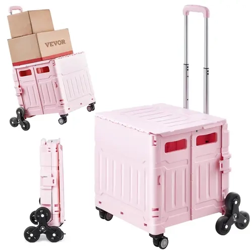 VEVOR 65L PP Plastic Foldable Utility Cart, Collapsible Portable Rolling Crate with 4 PP Universal Wheels, 360° Swivel Stairs Wheels, 1.77" O.D. Telescoping Handle for Adults, 240 lbs Capacity, 20.16"x6.69"x17.72" Pink Gardening Transport