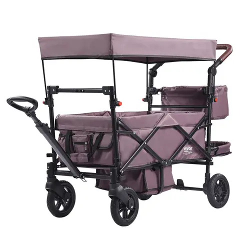 【DealsForYouDays】VEVOR 2-Kid Push Pull Quad Pushchair, Foldable Tandem Stroller with Adjustable Handle, Encircling Harness, Removable Canopy (Shields from Sun), 4 Brake-Equipped Wheels, Collapsible for Camping