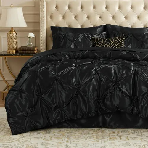 Bedelite 7-Piece Satin Comforter Set - Luxury Pintuck Detail Bed-in-A-Bag with Comforter, Flat Sheet, Fitted Sheet (15" Deep Fit), Shams, Pillowcases, Multi-Size Quilt & Bed Cover Set for All Seasons Gift