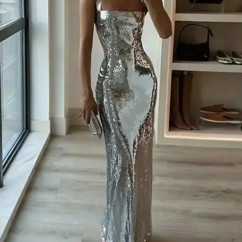 Women's Glitter Sequins Evening Dress, Elegant Sleeveless Evening Party Gown, Ladies Clothes for All Seasons, Formal Wear, Evening Event Clothing, Womenswear, Chic Elegant Fit, Chic Elegant Fitted, Evening Party Dresses