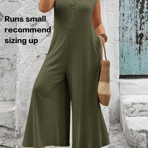 Plus-Size Solid Button-Front Flared-Leg Jumpsuit, Casual Comfy Minimalist Sleeveless Jumpsuit for Daily Wear, Women's Clothing for All Seasons, Casual Style Jumpsuit, Casual Pocket Jumpsuit