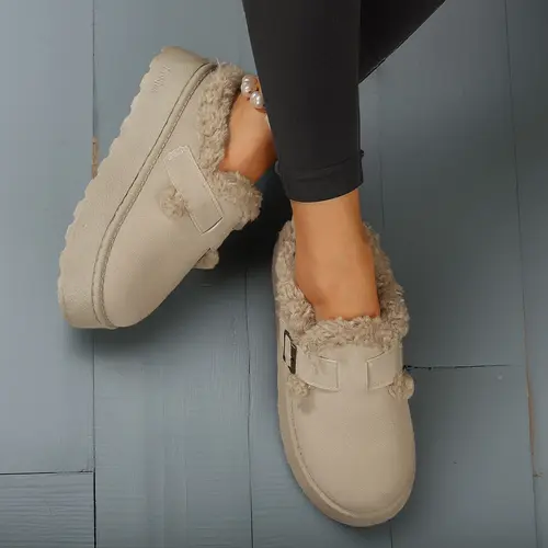 Women's Slippers Platform Mini Boots Short Ankle Boot With Buckle Fleece Lined Winter Warm Snow House Indoor Outdoor Thick Sole Plush Slipper Boots Springfresh Fluffy Modern Sleeper Casual Clogs