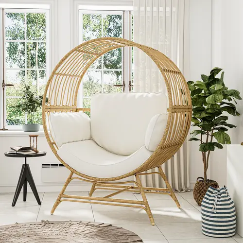 Rattan Wicker Egg Chair, Egg Basket Lounge Chair with 4 Cushions, Oversized Indoor and Outdoor Lounger Chair for Patio & Living Room, Steel Frame, 330lbs Capacity