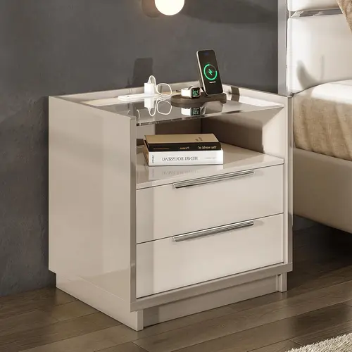 AMERLIFE 23.6" High Gloss End Table with Glass Tabletop, Modern Bedside Table with Charging Station, 2 Drawers Nightstand for Bedroom[tiktokshopbacktoschool][SohoChic]