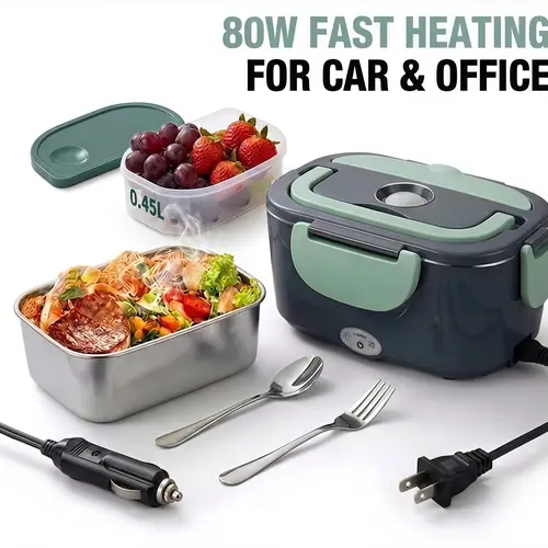 NextQube Electric Heated Lunch Boxes Adults: 80W Electric Lunch Box Food Heated 12/24/110V 1.5L Heatable Lunch Box for Car/Truck/Office Leak-Proof Stainless Steel Container, Fork & Spoon, Bag