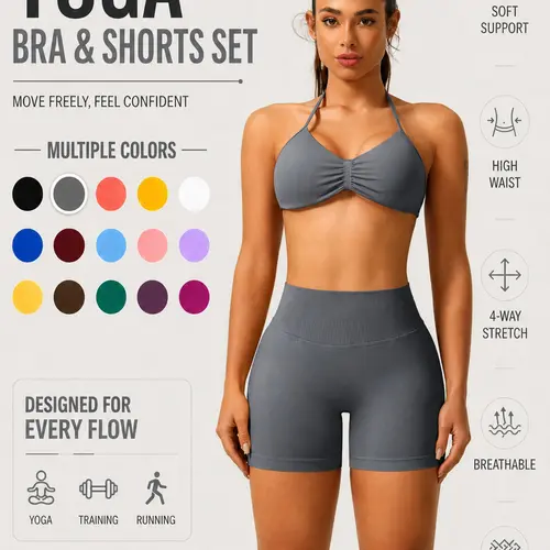 Women's Solid Crop Sports Bra & High Waist Shorts Sports Clothing Set, Fitted Sportswear Set, Fitness Wear, Sporty Casual Breathable Comfortable Seamless Outfits for Yoga Gym Workout Running, Seamless Workout Sets, Ladies Sportswear for All Seasons