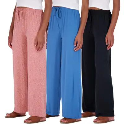 Real Essentials 3 Pack: Women's Wide Leg Palazzo Lounge Pants Drawstring - Loose Casual Pajama Pants (Available In Plus)