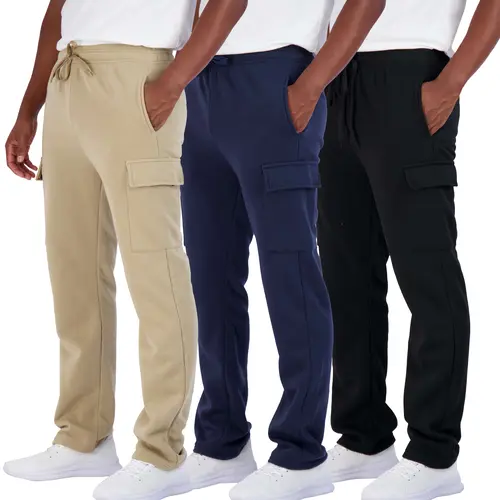 Real Essentials 3 Pack: Men's Tech Fleece Open Bottom Cargo Sweatpants with Pockets (Available In Big & Tall)