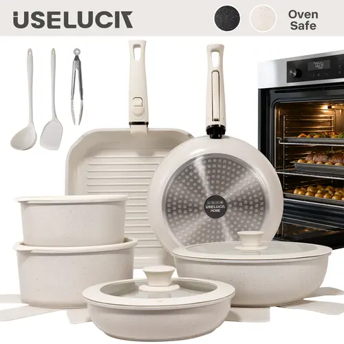 USELUCK Pots and Pans Set Nonstick 22 Pcs, Ceramic cookware set Non-Toxic Coating Inky Granite Kitchen Cookware Set, Induction Kitchen Cooking Set w/Frying Pans & Glass Lids, PFOS & PFOA Free