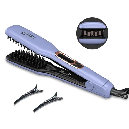 JINRI 3-in-1 Curling Wand & Flat Iron Hair Straightener and Hair Brush, Fast Heating Ceramic Flat Iron, Best Hot Tools Professional 1.26 inch Hair Iron, Dual Voltage (100-240V), Purple,back to school,back to school haul
