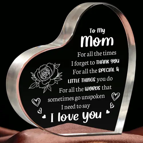Heart-Shaped Engraved Mom Love Acrylic Plaque Sign - 3.9x3.9x0.6in Smooth Sturdy Block, Classic Flower & Letter Design, Indoor Decor, Christmas Decoration, Mother's Day Gift for Moms
