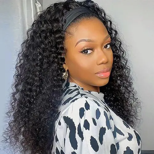 Bling Hair Kinky Curly Headband Wig Human Hair Curly Wigs Real Human Hair Glueless Ready and Go Beginner Friendly 180% Density Elastic Drawstring Headband Wigs for Women
