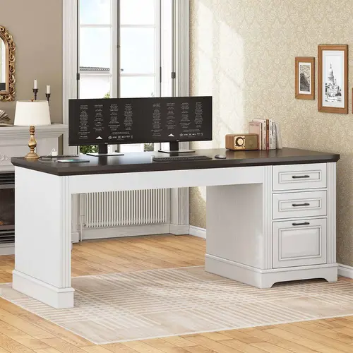 Sedeta 55-in Rectangular Durable Home Office Desk, Modern Luxury Executive Wood & Metal Workstation, 55"l*21.7"w Spacious Desktop, Built-in Outlets, 3 Drawers Tame Daily Office Clutter, Multi-Compartment Design, Sturdy Frame, Assembly Required