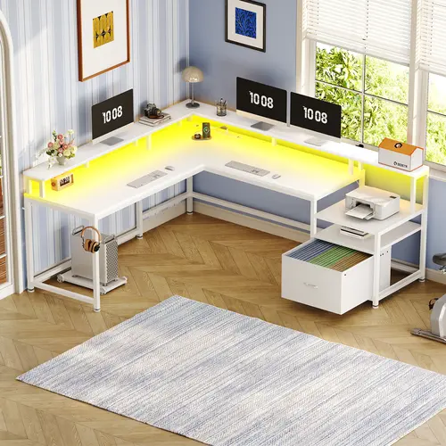 Sedeta 66-in L-Shaped Modular Gaming Computer Desk - Durable Wood & Metal Convertible 2-Person Office Furniture, 96.4-in Monitor Riser for Dual Monitor Setup, Dual Drawers, Sturdy Base, Assembly Required