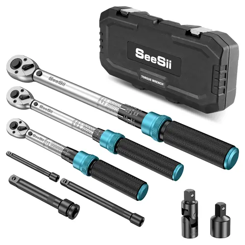 SEESII 1/4 3/8 1/2-inch Drive Click Torque Wrench Set - 8Pcs, Ultra-Precise ±3% Accuracy, 72-Tooth Dual Scale for Bike/Moto/Car Repair, Multi-functional Torque Wrench 45-221in.lb, 7-45ft.lb, 30-160ft.lb with Adapters, CH450