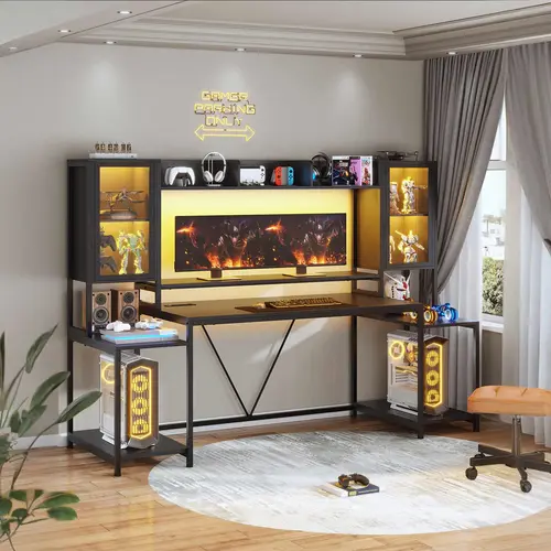 Sedeta 74.8-in Modern Wood & Metal Desks for Gaming - Multi-Functional Office Desk with LED Lighting, Storage Shelf, Monitor Stand, Ergonomic Standing Design, Space-Saving Furniture, Gaming Desk, All-In-One Desks, Stand Or Sit Ease