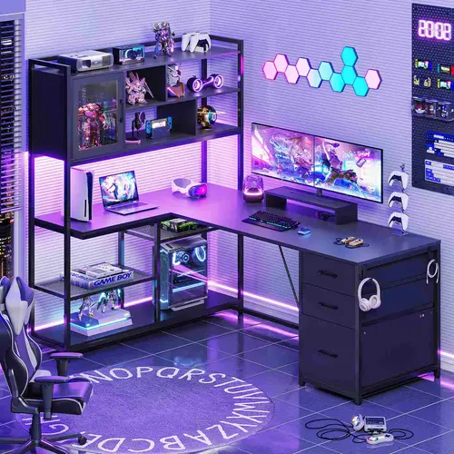 Sedeta 58-Inch Durable Modern L-Shaped Workstation - Wood & Metal Ergonomic Corner Gaming Desk with 7 Shelves, Drawers, LED Lighting, Cabinets, Armoires, Corner Bookshelf for Dual Monitor/Studio Setup, Home Office Work from Home Ideas, Computer, Dual Moni