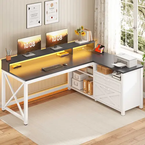 Sedeta Sturdy Computer Desk - L-Shape Modern Style with Drawers, 55x18.89" Size, Printer Storage Shelves, Dual Monitor Stand, LED Lights for Home Office WFH Setup & Good Posture Organization