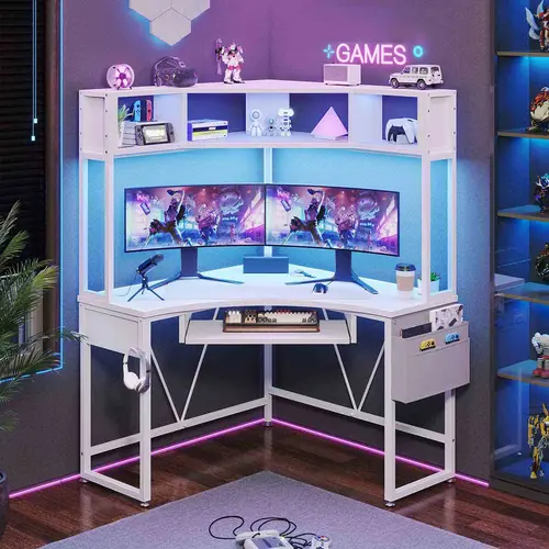 Sedeta L-Shaped Modern Wood-Metal Gaming PC Table - Commercial Office Furniture Workstation with Tray, LED Lights, Durable Storage Drawers, Computer Stand, Dual Monitor Setup Compatibility, Space-Saving Corner Desk for Gaming & Office Use