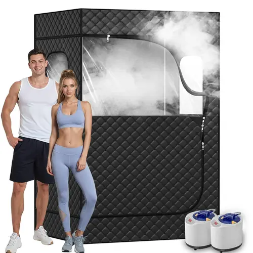 TEHANLD 2-Person Portable Steam Sauna Kit, Foldable Sauna Spa with 2 Foldable Chairs, 9-Level Remote Control, 48” Wide 71” Tall Home Tent, Black, Assembly Required
