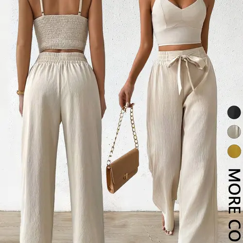 Women's Solid Basic Minimalist Crop Cami Top & Wide Leg Pants Fitted Two-piece Set, Two Pieces Sets, Summer Casual Set, Casual Style Set, Casual Comfy Two Piece Outfits for Daily Wear, Ladies Clothes for All Seasons, Womenswear