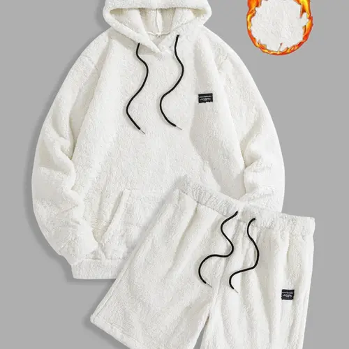 Men's Thermal Hoodie & Drawstring Waist Short Set, Hooded Sweatshirt Set, Casual Fashion Cozy Breathable Two-piece Outfits for Daily Outdoor Wear, Men Clothes for Spring & Fall
