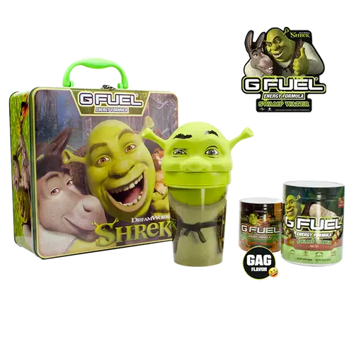 G FUEL Energy Formula | Shrek Collector's Box | Mai Tai (40 Servings) and Onions & Waffles (15 Servings) Flavors | Collectible Lunch Box, Shrek Shaker Cup & Exclusive Shrek Sticker Swamp Water Swamp Water Energy Tub Beverage Sport