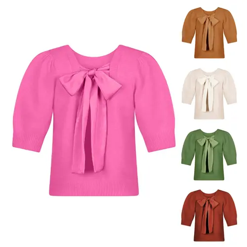 Tanming Women's Knit Top with a Backless Bow Tie, Casual Puff Short Sleeve Coquette Round Neck Blouse, Knitwear, Basic, Crew Neck, Basics, Cute, Halloween, Work, Lightweight, Bow Back Cutout