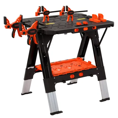 #BacktoSchool Pony Portable Folding Work Table, 2-in-1 as Sawhorse & Workbench, 31” W×25” D×25”-35”H, Large Load Capacity with 4pcs Clamps, 4counts Bench Dogs Collapsible Stool