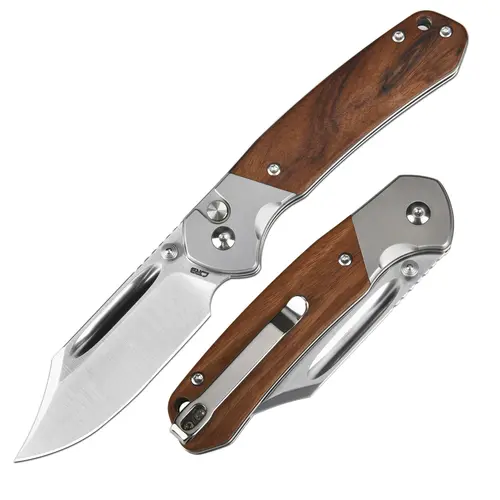 CJRB Bowie Pyrite Pocket Tool Knife - 3.15in AR-RPM9 Steel Clip Point Blade, Sand Polish Wood Handle, Edc Survival Tool for Camping, Father's Day Gift