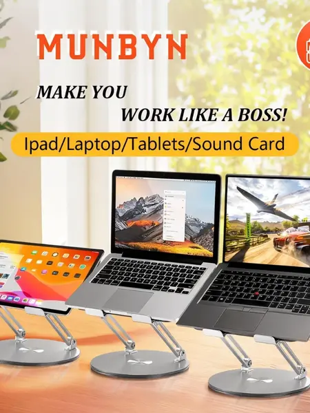 【 MUNBYN 360° Rotating Laptop Stand】Adjustable Foldable Aluminum Laptop Stand, 2-in-1 Multifunctional Laptop Stand Hub for Gaming laptop & Mobile stand,Gray