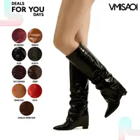 VIMISAOI Knee High Boots Fold Over Pointed Toe Chunky Block Heel Pull On Slouchy Crocodile Embossed European Style Wedding Party Casual Office Date Dress Nightclub Graduation Date Holiday Brunch  Business Photoshoot Comfortable Modern Summer Fashion Boots