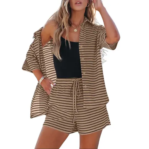 Shewin Women's 2-Piece Striped Pajama Set - Loose Half-Sleeve Button-Down Top, Shorts with Pockets, Comfortable Loungewear