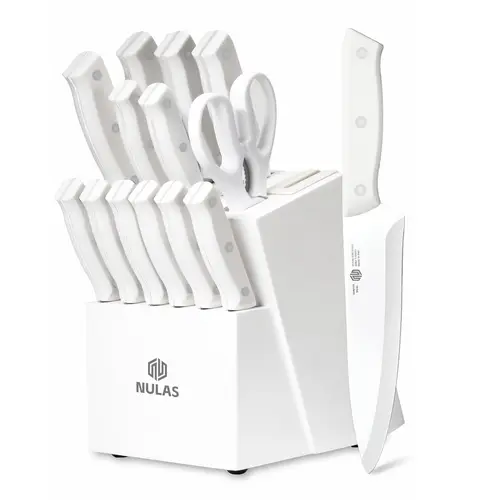 NULAS Summerwins 15-Piece High Carbon Stainless Steel Self-Sharpening Multi-Knife Set with Block - SS+ABS Non-Slip Ergonomic Handle, Built-In Sharpener, Dishwasher Safe White Slicer, Home Kitchenware Storage Solution