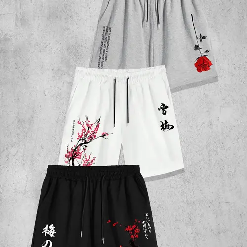 Men's Floral & Letter Print Drawstring Waist Core Shorts, Casual Loose Pocket Track Floral Graphic Shorts for Daily Wear, Men's Bottoms for All Seasons