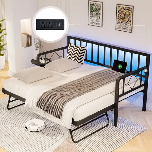 [DealsForYouDays][Summerwins] AMERLIFE Twin Daybed with Charging Station and LED Lights, Versatile Bed Frame with Steel Slats Support, Daybed with Trundle for Living Room, Bedroom, Guest Room, Black/Best Gift Ideas/Christmas Gifts