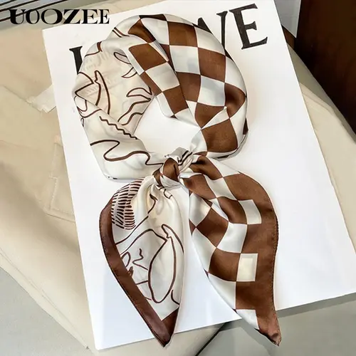 Women's Brown Checkered Polyester Scarf - One Size Polyester Shawl, Female All-Season Fashion Neck Wrap, Hand Wash Only Luxury Sun Protection for Wedding, Engagement Events