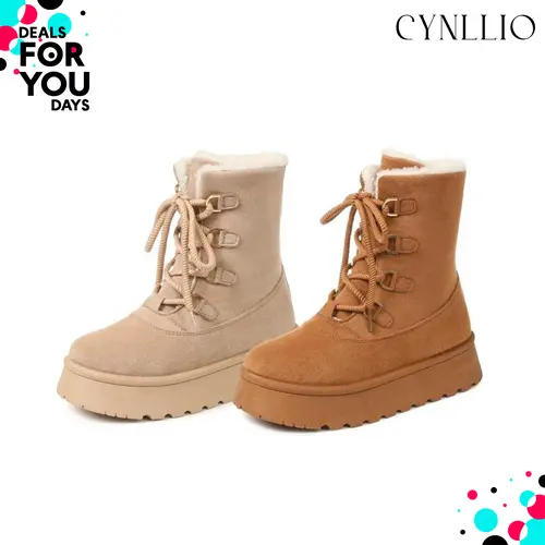 CYNLLIO Snow Boots for Women Ankle Round Toe Platform Heel Lace up Warm Faux Fur Winter Boot Slip on Fleece Lined  Winter Shoes for Women