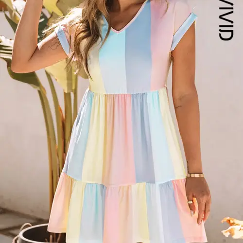 Women's Colorblock Patchwork Ruffle Hem Tee Dress, Boho Flowy Attire, Casual Boho Style, Loose Casual V Neck Short Roll Up Sleeve , for Summer Ladies Everyday Wear