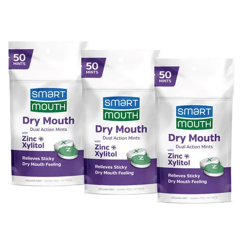 SmartMouth Dry Mouth Dual-Action Mints - Sugar-Free Mints for Dry Mouth Support - With Zinc & Xylitol - Travel-Friendly Packaging for On-the-Go Oral Care - Mellow Mint - 50 Count, 3-Pack