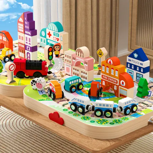 EDUTREE Wooden Track City Blocks Set - Unisex Kids Toys with Magnetic Trains, Curves, Geometric Open-Ended Model Building Kits, DIY Travel-Ready Play Durable Portable Toy, Boosts Hand-Eye Coordination & Creativity, Cool Gifts for Kids (Halloween/Birthday)