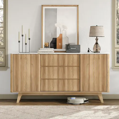 FUSOU 62" W Fluted Wood Sideboard Buffets Cabinet - Sturdy Floor-Standing Indoor Storage Furniture with Sliding Doors, Power Outlet, 3 Drawers, 2 Adjustable Shelves, Long Legs, Easy Setup for Living Room, Dining Room, Natural Finish