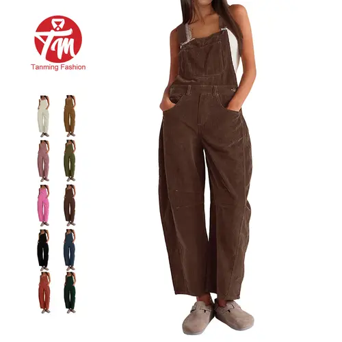 Tanming Women's Casual Corduroy Overalls, Sleeveless Loose Fit Barrel Leg Bib Jumpsuit with Adjustable Straps, Patch Pockets & Side Buttons, Basic, Strappy, Women's Fashion, Corduroy Jumpsuits & Rompers, Barrel Overalls Dress Jumpsuits & Rompers Wideleg T