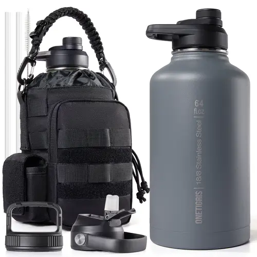 ONETIGRIS 64 oz Vacuum Insulated Stainless Steel Tactical Water Bottle - Half Gallon Military Sports Water Bottle, Double Layer Insulated Flask & Leakproof Tumbler with Straw, 3 BPA-Free Lids, Paracord Handle, MOLLE Pouch for Outdoor