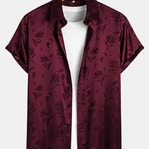 Men's Rose Print Botanical Floral Jacquard Shirt, Regular Fit Short Sleeve Casual Button Collared Top for Summer, Fashion Men's Clothes for Daily Wear, Casual Stylish Menswear, Casual Summer Clothing