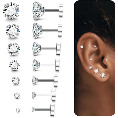 Unisex 7 Pairs Hypoallergenic Flat Back Stud Earrings 2-8Mm 14K Gold/Silver Plated Stainless Steel, Birthstone Cubic Zirconia, Surgical Steel Cartilage Earrings for Sensitive Ears, Non Tarnish Jewelry, Daily Wear, Men's Accessories, Flat Back Earrings