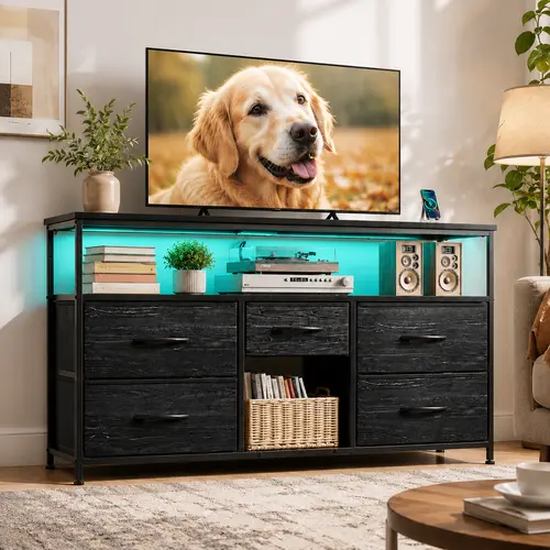 【Summer Vibes】 Raybee Furniture Small Space Drawer Dresser for Bedroom, TV Stand 50" TV with Charging Station & LED, Living Room Dresser with 5 Drawers, Entertainment Center, Fabric Dresser Storage Bin Organizer for Bedroom Furniture